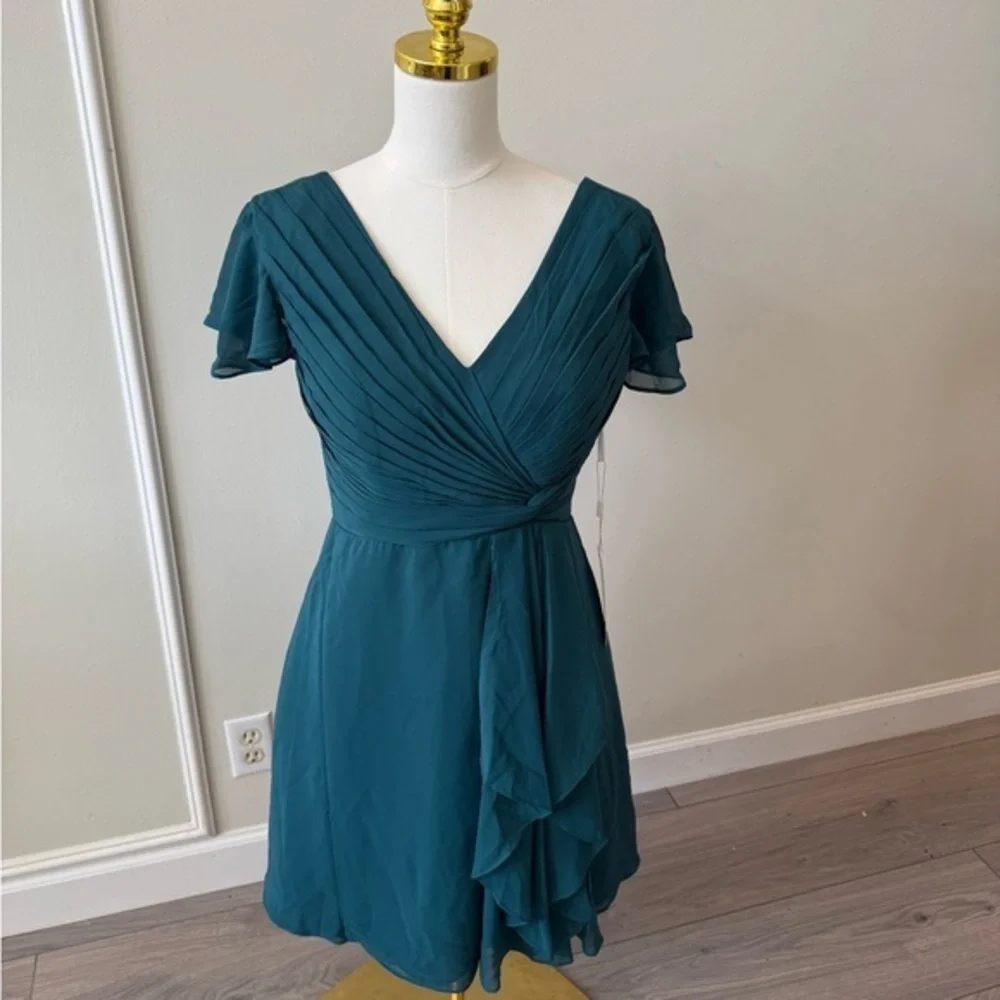 Chic Teal V-Neck Mini Dress - Picture 1 of 9